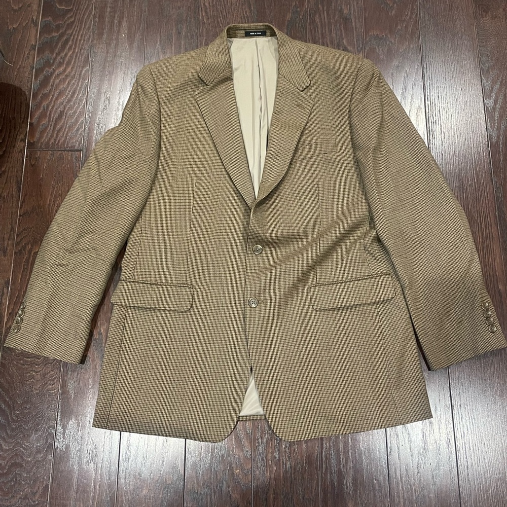 Lauren Ralph Lauren Wool Sports Coat Blazer Men Size 44L Brown Houndstooth EUC